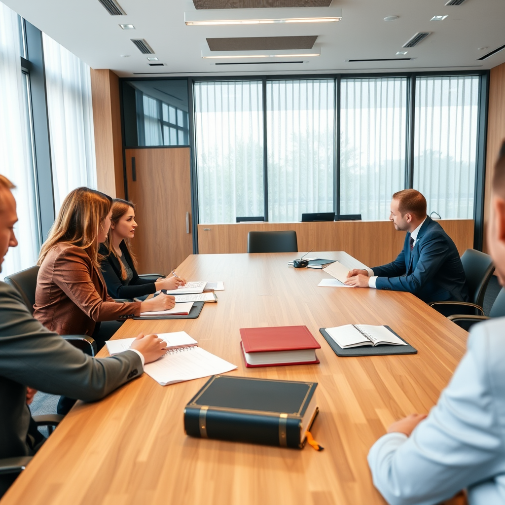 Professional lawyers in a modern office discussing new employment protection laws in Slovakia, with legal documents and Slovak flag visible in background