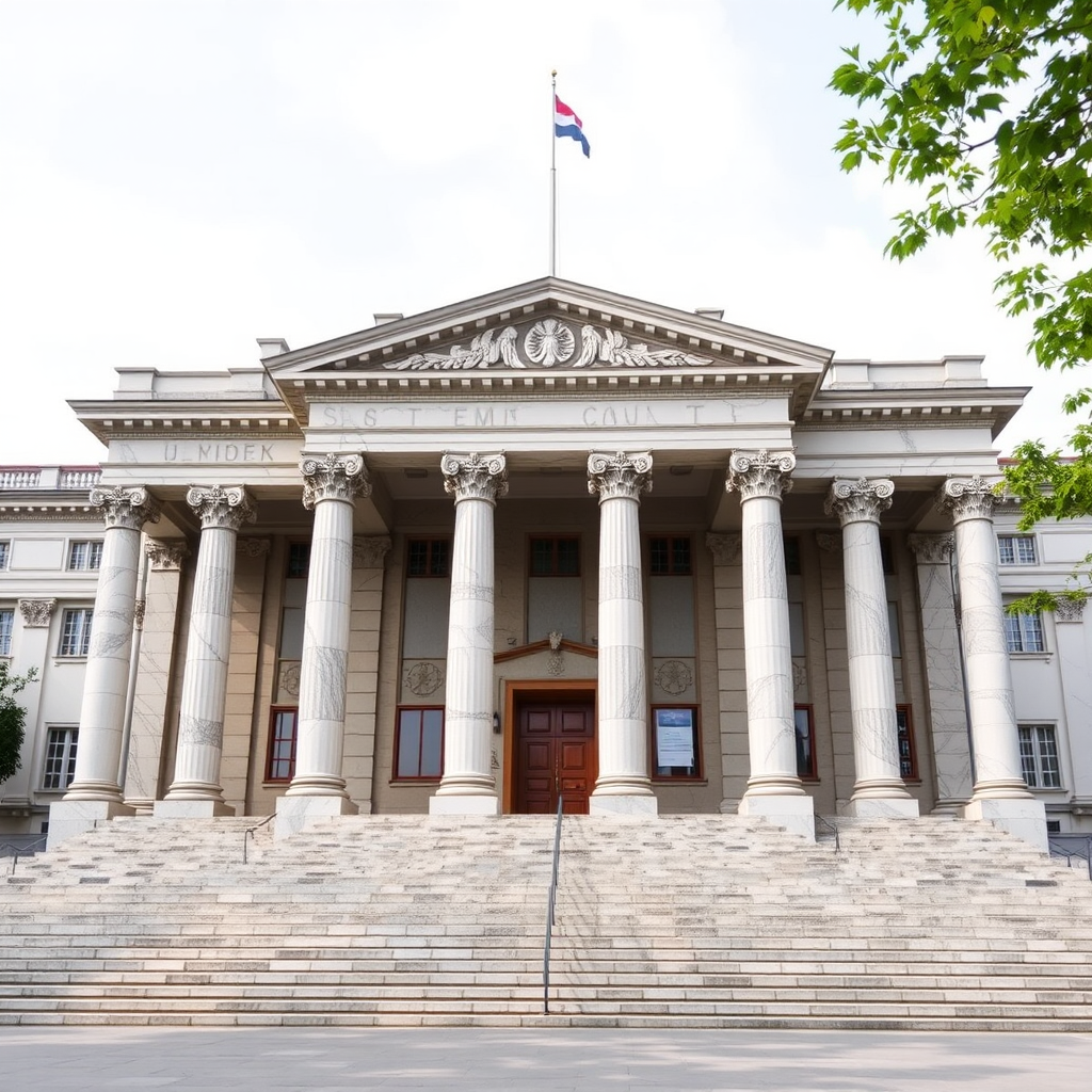 Supreme Court building in Slovakia with classical architecture, marble columns and steps, representing judicial authority and legal proceedings for property disputes