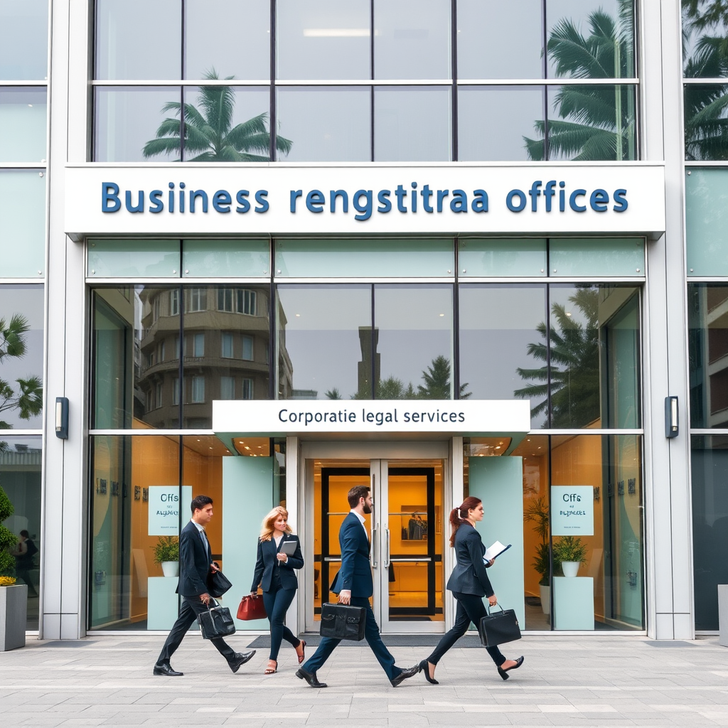 Modern office building with glass facade representing Slovak business registration offices, with professional businesspeople walking in front carrying briefcases and documents, symbolizing corporate compliance and legal services