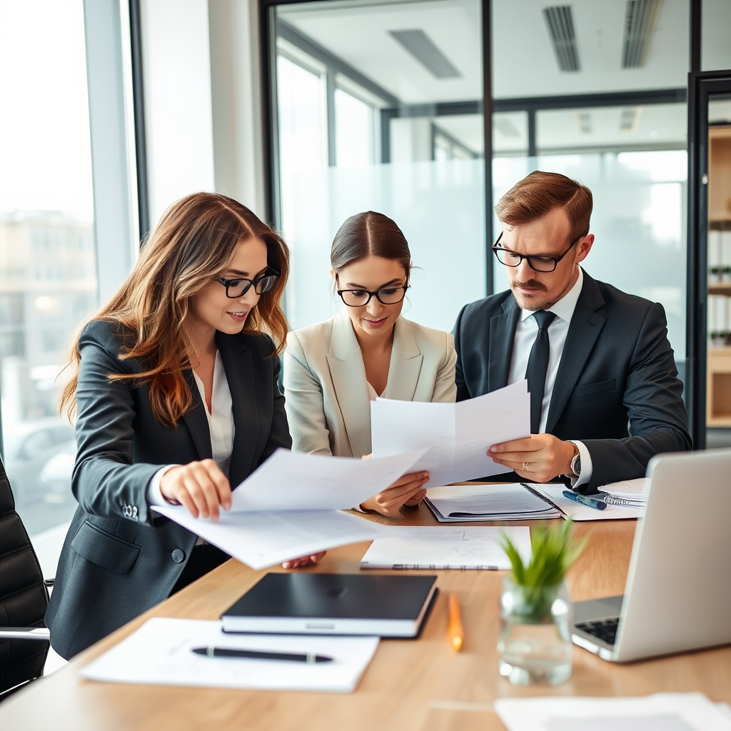 Professional corporate lawyers reviewing business documents and contracts in a modern Slovak law office