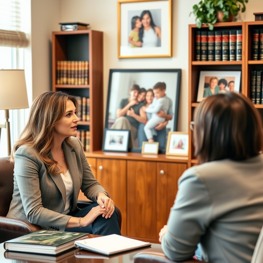 Professional family law attorney consulting with clients in a warm, comfortable office setting with legal books and family photos in background