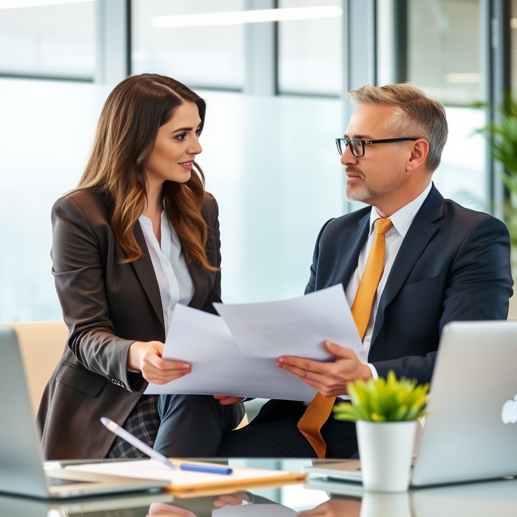 Professional employment lawyer consulting with client in modern office setting, discussing employment contract documents and workplace rights