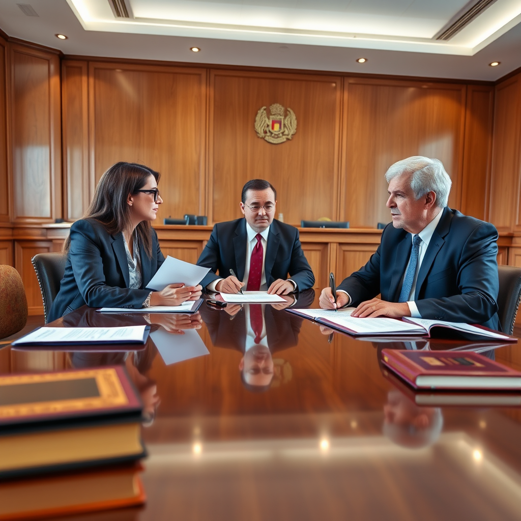 Professional lawyers in a modern courtroom discussing civil litigation strategy, with legal documents and law books visible on a polished wooden table
