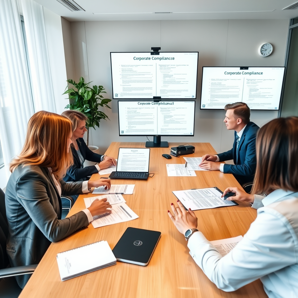 Professional legal consultation scene showing Slovak business lawyers reviewing corporate compliance documents with clients in a modern law office, with computer screens displaying digital registration forms and legal documents spread across a conference table