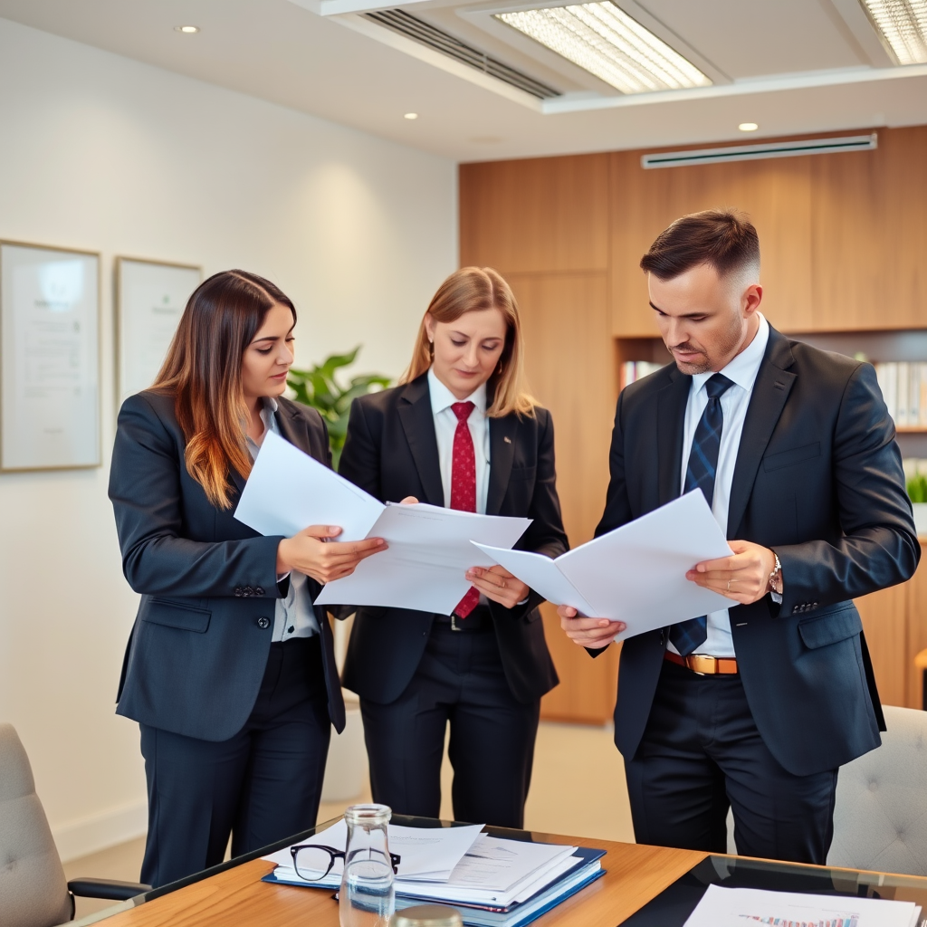 Slovak corporate lawyers analyzing business documents and providing legal consultation in a professional office setting
