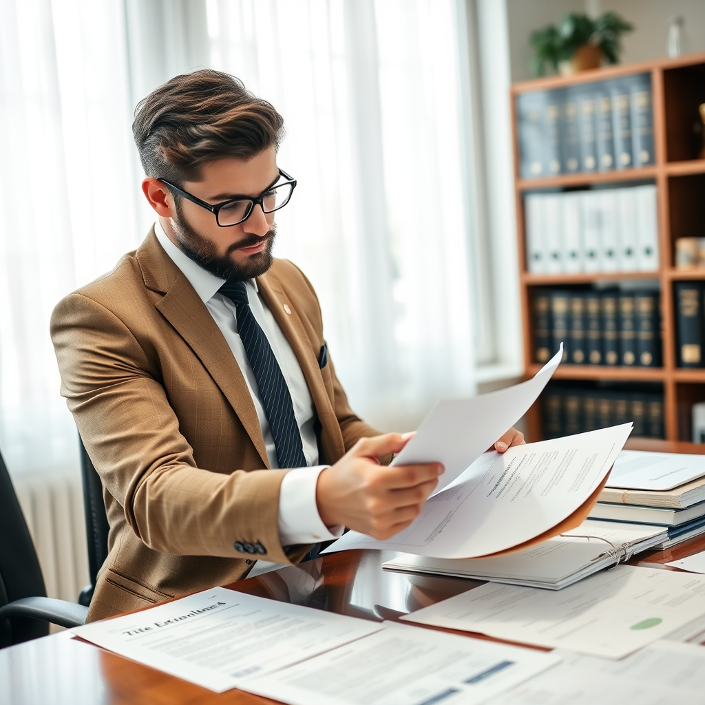 Real estate attorney examining property documents and title deeds in a professional Slovak law office setting
