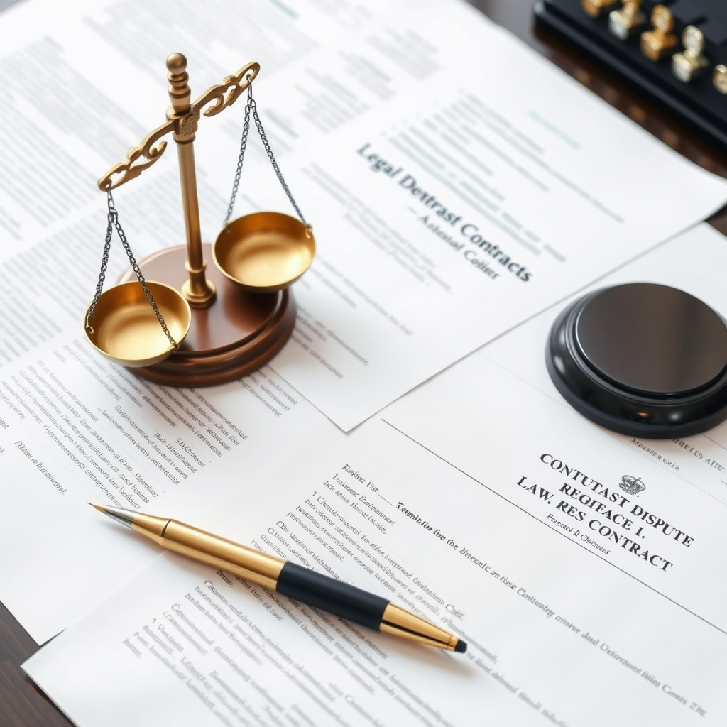 Legal documents and contracts spread on a desk with a pen and scales of justice, representing contract dispute resolution services