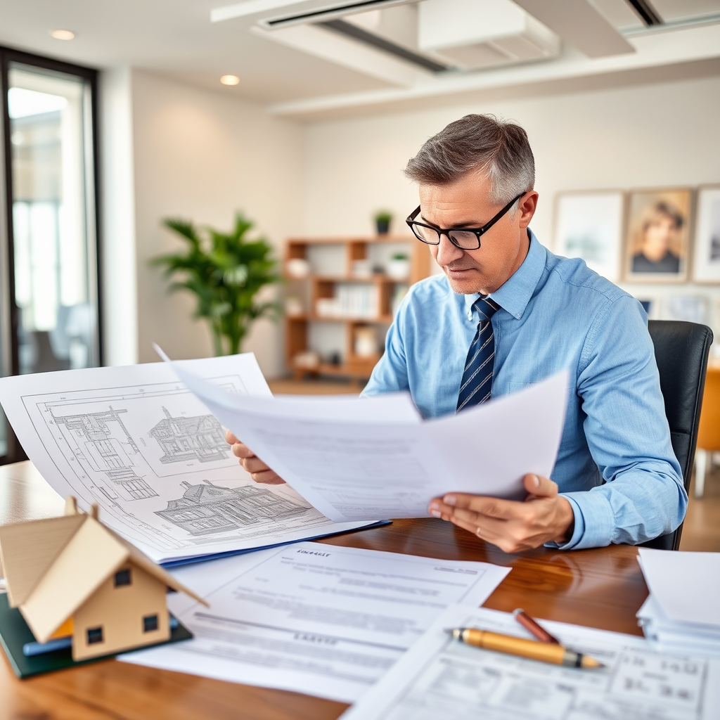 Real estate attorney reviewing property documents and contracts in modern office with architectural blueprints, property deeds and legal paperwork for property transactions