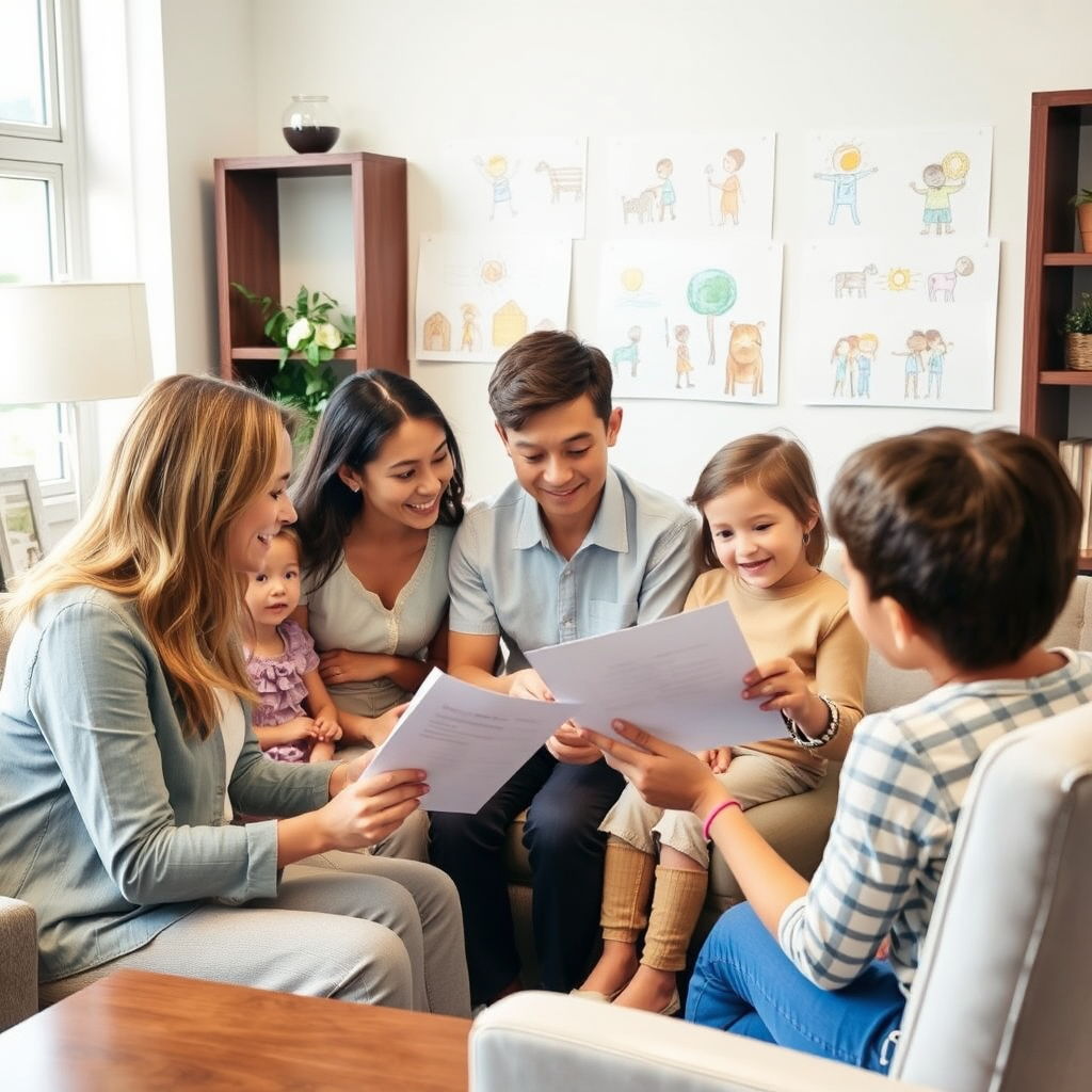 Family law attorney reviewing child custody documents with caring parents in comfortable office setting with children's drawings on wall