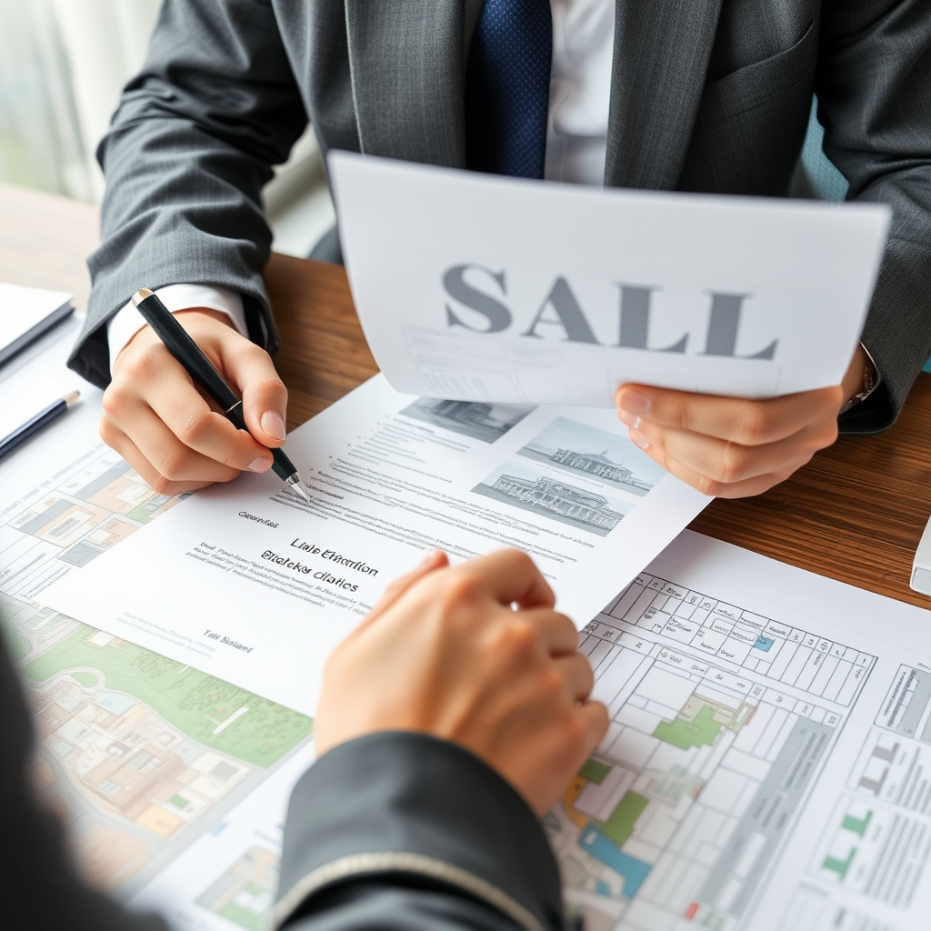 Legal professional conducting title examination with Slovak property documents and land registry records spread on desk