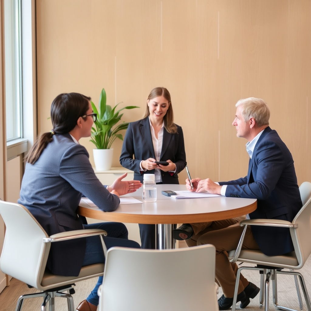 Mediation session between employer and employee with legal representative facilitating workplace dispute resolution