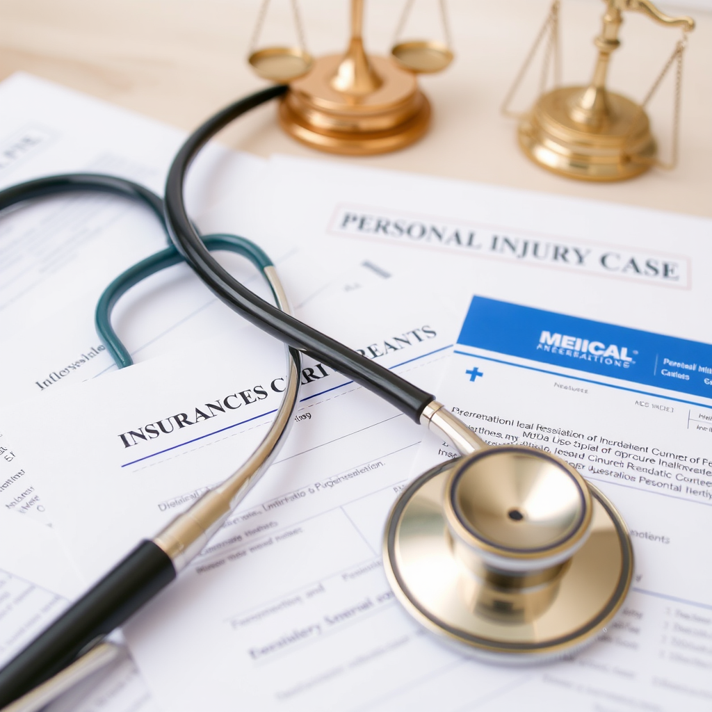 Medical documents, insurance forms, and legal papers related to personal injury cases, with a stethoscope and legal scales in the background