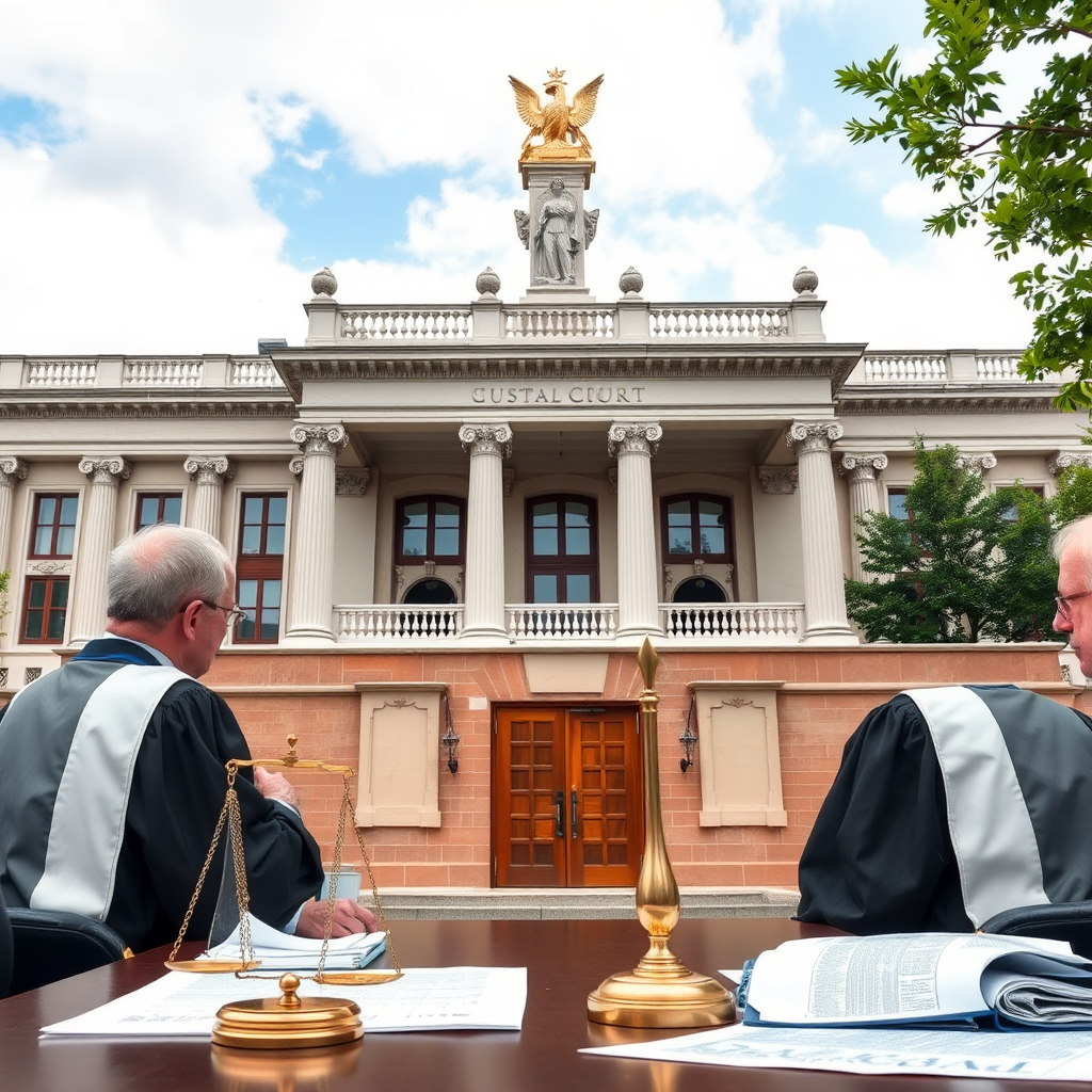 Supreme Court building in Slovakia with judges in robes discussing property dispute resolution, legal scales and property documents on desk