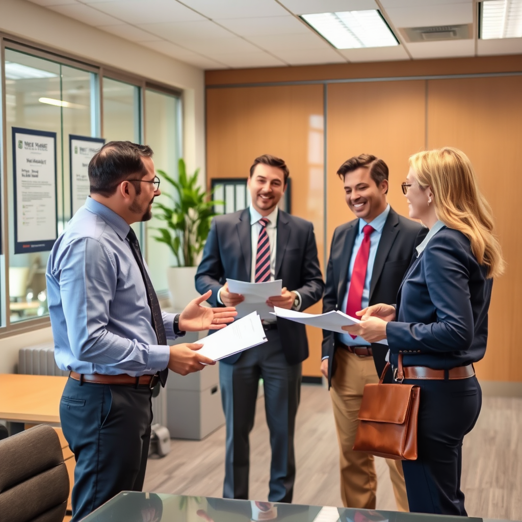 Employment law specialist meeting with workplace representatives discussing employment contracts, labor compliance and workplace rights in professional office environment