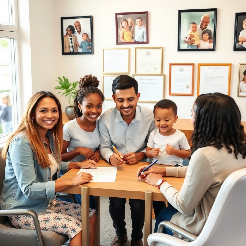 Happy adoptive family signing final adoption papers with family law attorney in bright, welcoming office with family photos and legal certificates on walls