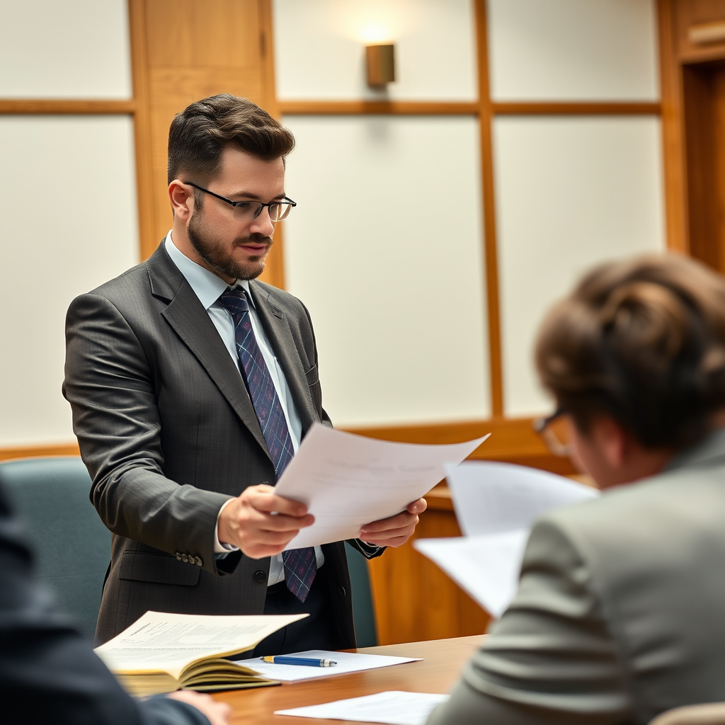 Professional Slovak real estate attorney in courtroom representing client in property dispute case with legal documents and evidence