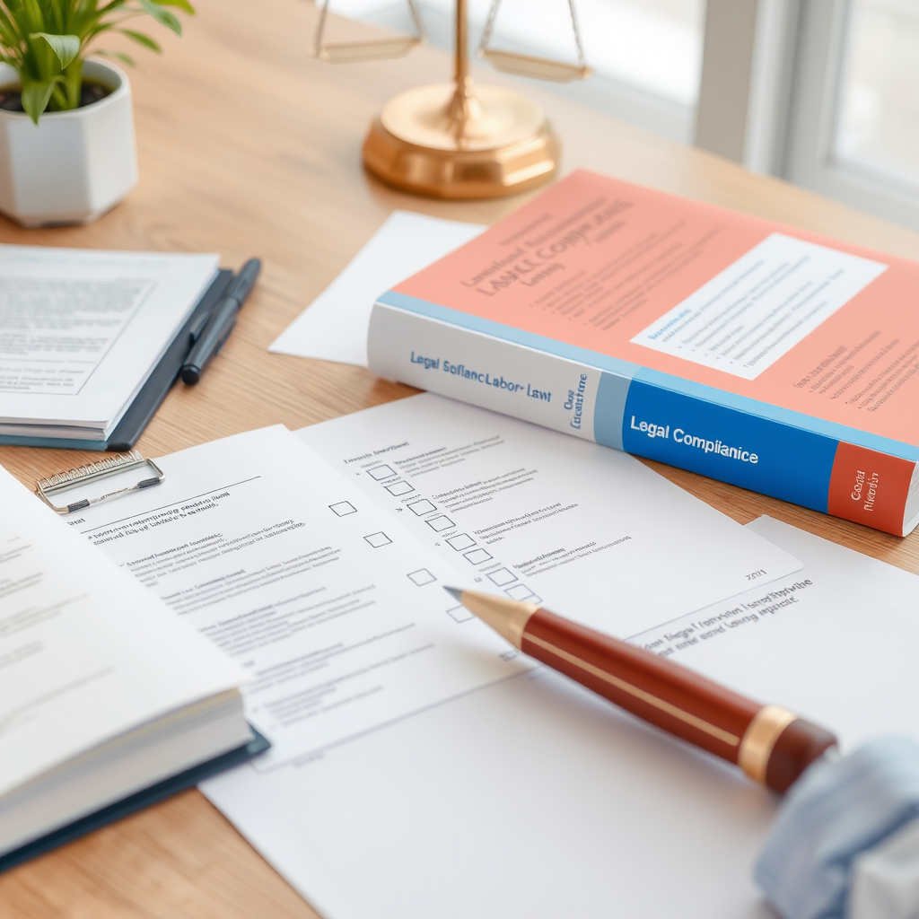 Legal compliance checklist being reviewed with Slovak labor law books and regulatory documents on desk