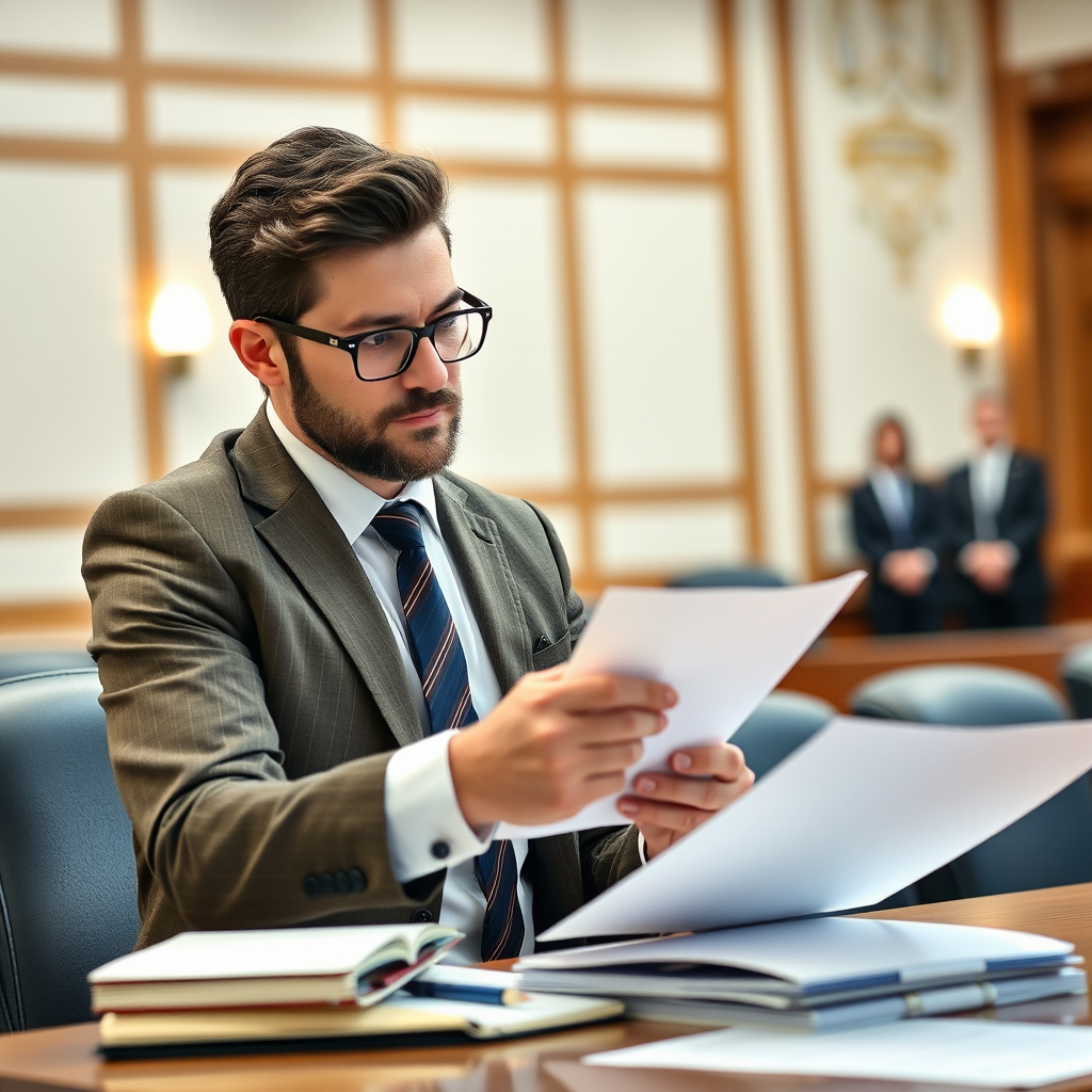 Experienced litigation attorney in courtroom setting with legal documents, preparing for civil litigation case with Slovak court system backdrop and professional legal environment