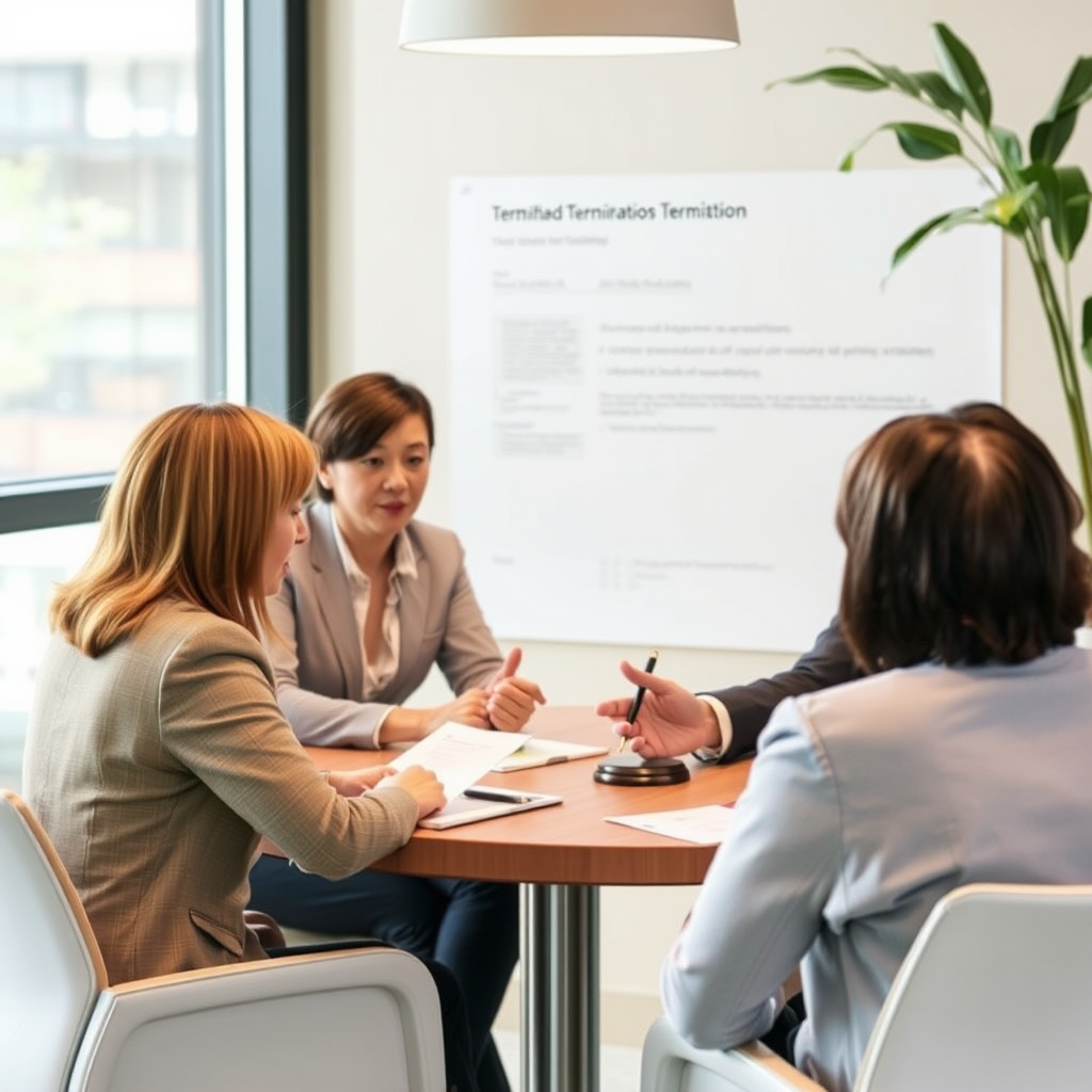 Professional termination meeting with HR representative and legal advisor discussing proper procedures and documentation