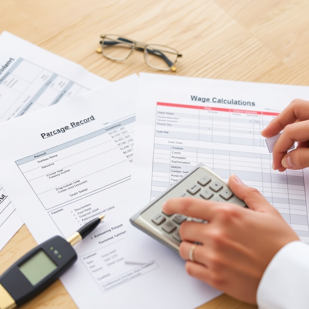Wage calculation documents and overtime records being analyzed by employment law specialist with calculator