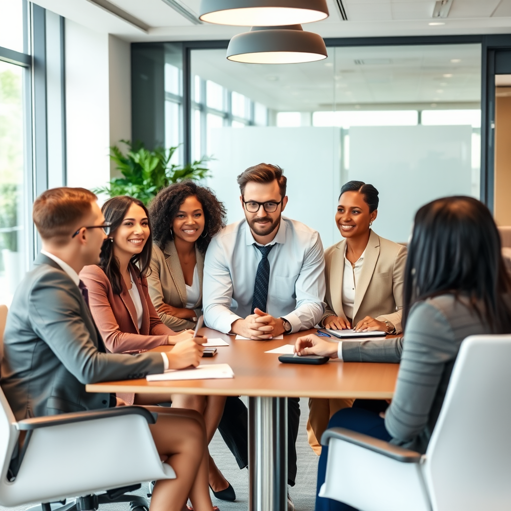 Professional law firm team specializing in employment law consulting with diverse clients in modern conference room